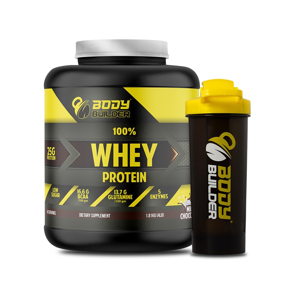 Body Builder 100% Whey Protein - 25g Protein, BCAAs, Glutamine, Digestive Enzymes for Lean Muscle Growth & Endurance, Suitable for Vegetarians & Keto Dieters (4 LB, Milk Chocolate)-SHAKER FREE Milk Chocolate 4 LBS