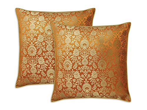 AVKA Studio Damask Throw Pillow Covers - Pack of 2 Faux Silk Brocade Decorative Pillows - 20x20 Inch - Dull Orange Gold - Indian Cushion Cover-Cover Only