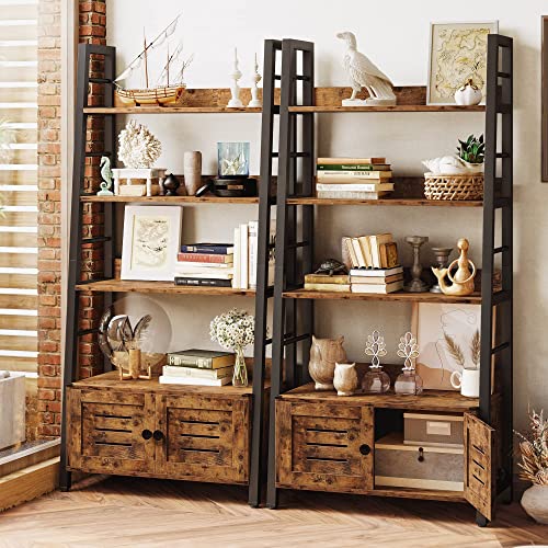 Ironck Bookshelf With Louvered Doors, 3-Tier Ladder Shelf With Cabinet Industrial Accent Furniture For Bedroom Living Room Home Office, Rustic Brown #TOP1