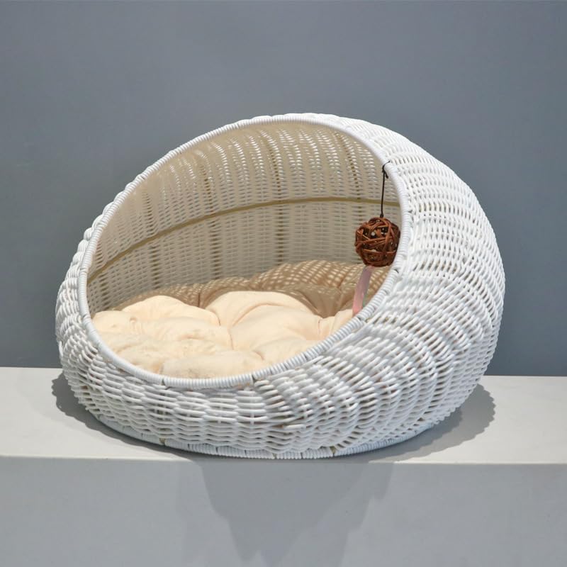Cuccia per Gatti in Vimini, Cuccia per Gattini in Vimini, Cuccia in Rattan per Uso Interno ed Esterno, Cuccia Accogliente con Cuscino Morbido Lavabile 50x40x35 cm Bianco
