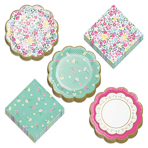 Tea Party Supplies - Floral Scalloped Paper Dessert Plates and Luncheon Napkins