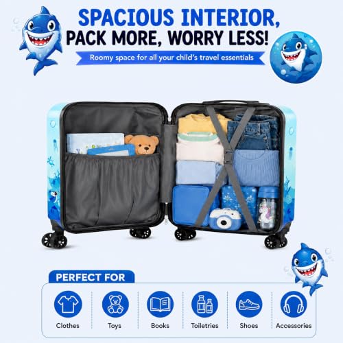 Image of Kids Carry On Luggage with Wheels, 18-inch Hard Shell Suitcase for Boys & Girls, Lightweight Toddler Rolling Travel Bag with Retractable Handle, Durable Hardside Spinner Suitcase,blue shark