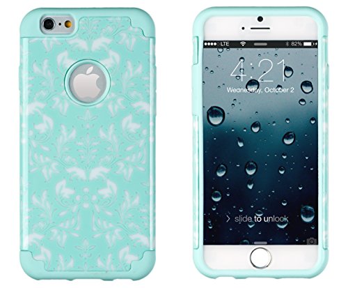 iPhone 6, DandyCase 2in1 Hybrid High Impact Hard Mint Green & White Flower Pattern + Silicone Case Cover for Apple iPhone 6 (4.7