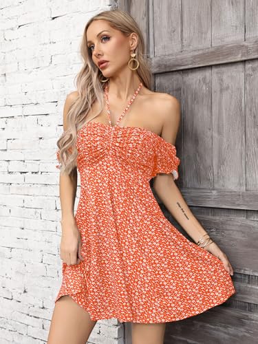 Image of Missufe Women's Puff Short Sleeve Drawstring Ruched Front Fit and Flare Floral Summer Casual Short Dress