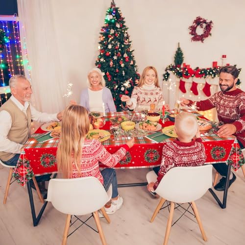 Plastic Christmas Tablecloth 54x108 Inch 3-Piece Set,Disposable Festive Red Poinsettia Pattern Holiday Dining Table Cloth for Christmas Party & Baby Shower Decorations – Image 7