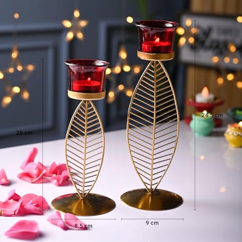 Image of Market99 (2 Votive) Leaf T- Lite Holder Set of 2 | Iron T-Light Holder with Leaf Shape & Red Color | Glossy Finish | Home Decor T-Light Holder | Decorative Item for Festive Season | Leaf Design