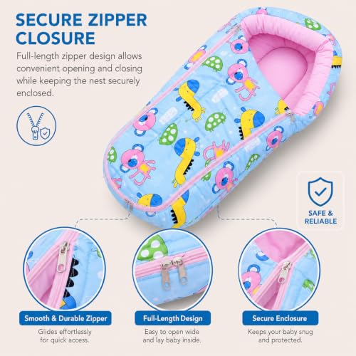 Image of Safe-O-Kid Baby Sleeping & Carry Nest (0-6 Months) | Cotton Fabric, Zipper Closure, Travel-Friendly Baby Bed, Foldable Bedding for Newborns, Blue