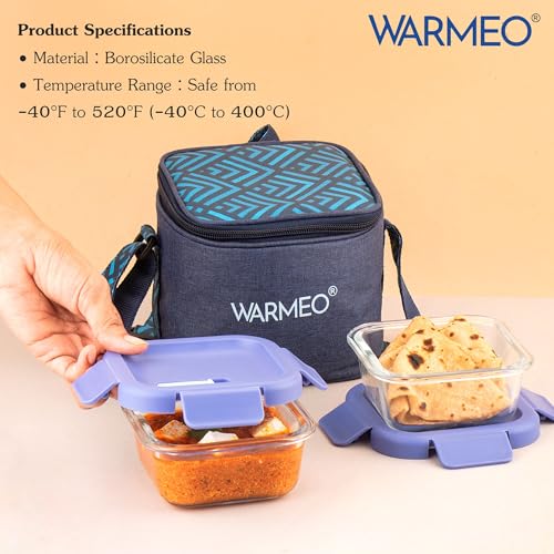 Image of WARMEO BOROFRESH 2 pc Square Borosilicate Glass Container (325 ml Each) | Leakproof, Microwave & Dishwasher Safe Lunch Box with Bag for Office, College & School