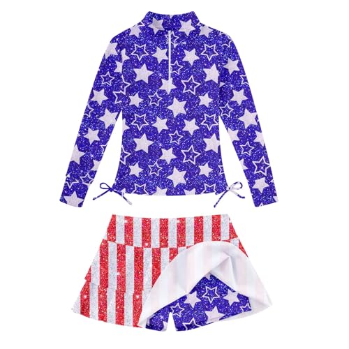 Image of Vogseek 3-12T Girls Swimsuit Long Sleeve Rashguard Bathing Suits Swim Set | Quick Dry, UPF 50+ Sun Protection, Swimming Skirt, Boyshorts, Zipper Two Piece Long Sleeve Swimsuits, Adjustable Drawstring