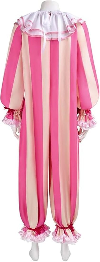 Adult Clown Cosplay Costume Pink Striped Jumpsuit Funny Circus Outfit with Trumpet Prop For Halloween Party