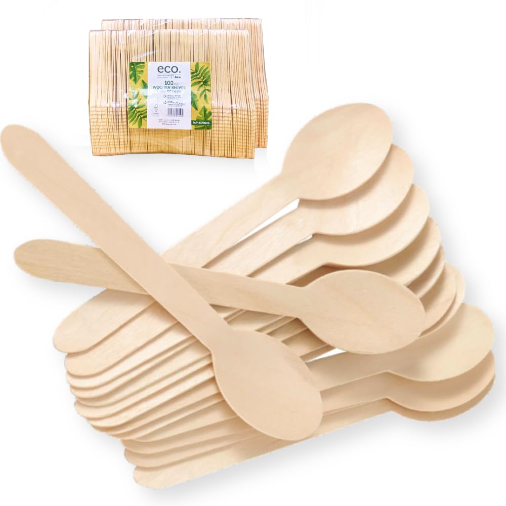 Clearly 100 Wooden Disposable Spoons, Eco Friendly Biodegradable Compostable 16.5cm Cutlery | Ideal for Picnic, Party, BBQ, Restaurant, Home Daily Use