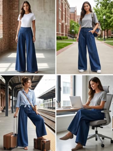 Image of GRECIILOOKS Palazzo Jeans for Women | High Waist - Flared Palazzo Pants for Women Wide Leg Denim Casual Trousers | Woman Wide Leg Baggy Jeans Loose Fit Denim Pants with Pockets