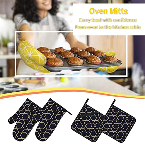 Geometric Lines Printed Oven Mitts And Pot Holders Heat Resistant Potholders Oven Gloves And Pad For Baking Kitchen Grilling - 4 Set #TOP7
