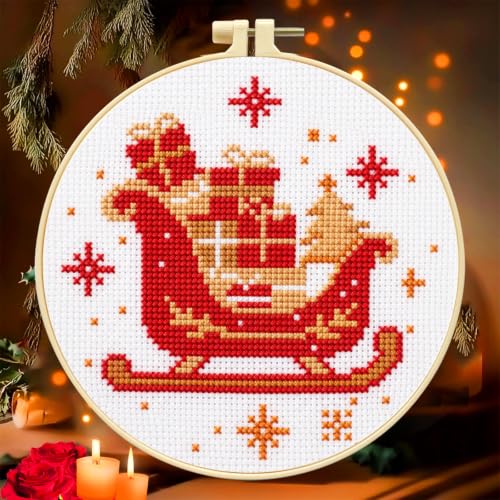 Image of Zhenqing Christmas Sleigh Gift Cross Stitch Kit with Hoop - 11CT Pre-Printed 24x24cm Fabric & Complete Tools for Beginners (68341)