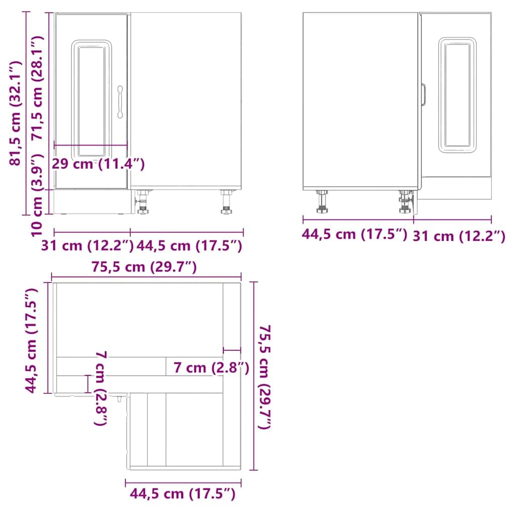 vidaXL Küchen-Eckunterschrank Kalmar Weiß Holzwerkstoff, Eckunterschrank, Küchenschrank, 75,5 cm, Weiß