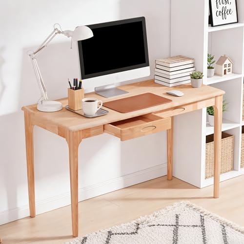 SHILAIYUNZ 47' Solid Wood Desk with Drawers, Small Home Office Writing Wooden Desk, Gaming & Computer Desk for Bedroom, Work Study Table for Small Space(Beech,47Inch)
