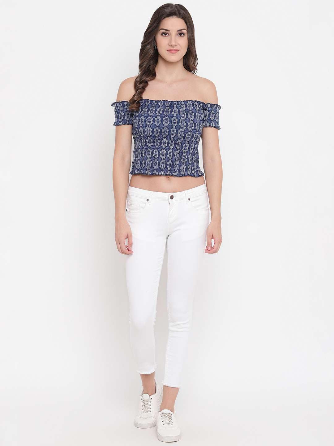Zenvy Crafts Women's Rayon Printed Off-Shoulder Smocked Crop Top Short Sleeve Casual Styles Tank Top (Free Size) Multi42