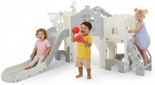 Miniatura 8 de SANDINRAYLI Tobogán 8 en 1 para niños pequeños, tobogán para niños con escaleras, toboganes de juegos al aire libre para niños de 3 a 8 años,