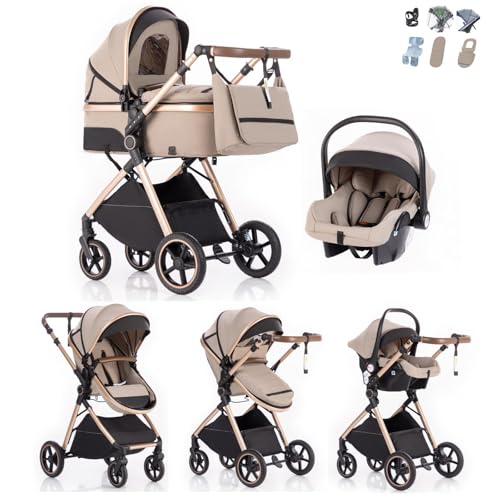 Kakbgee - Cochecito de Bebé 3 en 1 | con Capazo Plegable & Manillar 7 Alturas | Suspensión 4 Ruedas RUEDAS PU | Norma EN1888 | Grande Cesta | 0-3 Años (15kg), Beige-Khaki