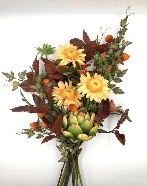 Composizione Floreale Artificiale Autunnale, Gerbere Salmone con Bacche di Alchechengi e Carciofo, 45 cm