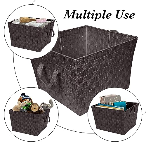 Image of Simplify Large Woven Strap Tote | Decorative Storage Basket | 2 Handles | Organization | Closet | Bedroom | Bathroom | Nursery | Accessories | Toys | Gifts | 4 Pack | Chocolate