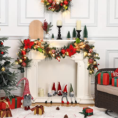 6ft Christmas Wreath with Lights, Christmas Battery Operated Artificial Vine with Classic Red Gold Decor, Pre-Lighted Christmas Wreath for Christmas Staircase Fireplace