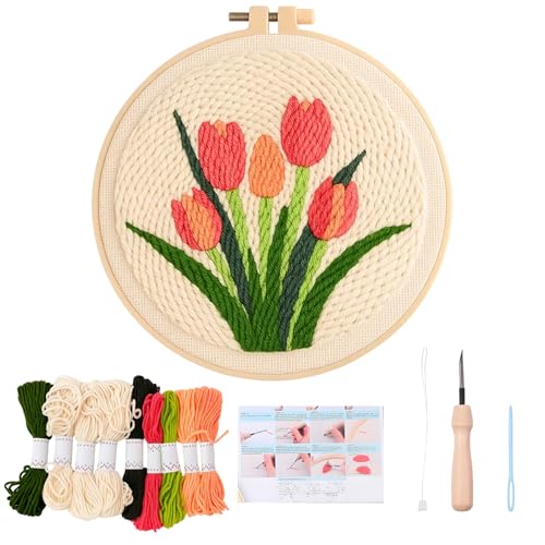 IAndhy 15 Pcs Punch Needle Kits Punch Needle Kits for Adults Beginners Tulip Embroidery Kit - DIY Craft Set with Vintage Tulip Design Perfect for Handmade Decor & Floral Stitching Projects