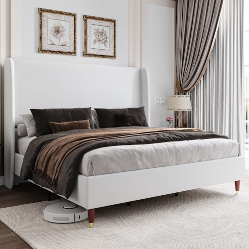 Jocisland Queen Upholstered Platform Bed Frame with 51.2' Tall Wingback Headboard–Solid Wood Legs, No Box Spring Needed, White Linen–Modern Style for Any Bedroom