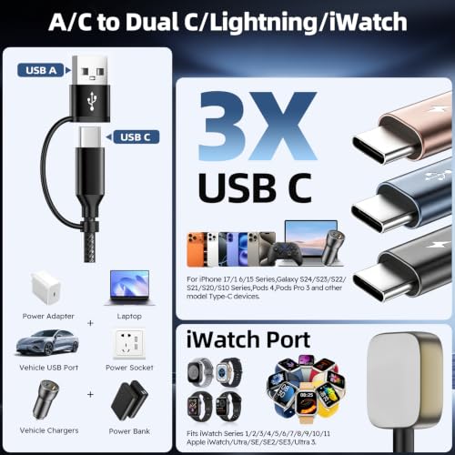 Image of Travel Essentials Triple USB C 4in2 Multi Charging Cable for iWatch Charger