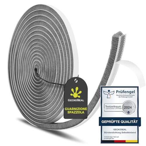 GeckoSeal 6 m Guarnizione Spazzola, 9 mm (L) x 5 mm (S) Guarnizione a Spazzola Autoadesiva, Antipolvere, Antivento, Riduzione del Rumore, Paraspifferi Spazzola Per Porte, Finestre, Armadi - Grigio