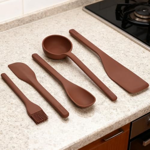 Image of Ember Cookware Silicone Kitchen Tool Set of 5 - Ladle, Brush, Flip, Stir & Scraper | 230C Heat Resistant | Platinum Grade Silicone- Food Safe | Non Scratch Seamless Unibody Design | Terracotta