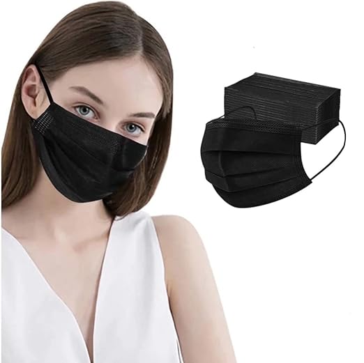 Disposable Black Mask 3-Ply Face Masks with Earloops Face Shield