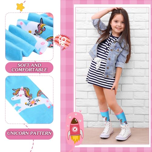 Cuffbow 12 Pairs Girls Unicorn Long Socks Kids Knee High Soft Cotton Socks for Girls 5-8 Years Soccer Cheerleaders Child Gift3