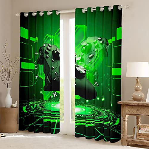 Loussiesd Gamer Curtains for Boys Bedroom Kids Teens Gaming Decor Window Curtains Video Game Window Drapes Room Decor Children Playing Gamepad Green Geometric Window Treatments - Image 2