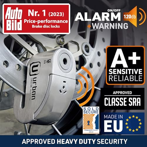 Image of URBAN UR14S Approved Motorcycle Disc Lock with Smart Alarm | 120dB, LED, Warning, A+ Sensitivity, X2 ON | SRA & Sold Secure Gold Tested Anti-Theft for Motorbike | 14mm Double Locking, Stainless Steel