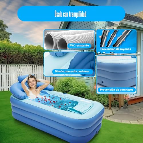 Miniatura 6 de Bañera Hinchable, Bañera Plegable De Pvc Para Adultos Y Niños Con Respaldo, Bañera Inflable Portátil Con Cojín Y Tubo De Drenaje Sin Bomba Para Piscina En Casa Y Baño, 150x80x75cm, Azul