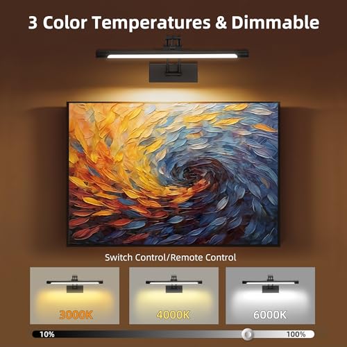 Image of 16 inch Picture Lights for Wall Battery Operated, Wireless Picture Light with Remote, Rechargeable Wall Light 3000K /4000K /6000K Dimmable, Art Lighting for Paintings Frame Gallery Dartboard Light, Black
