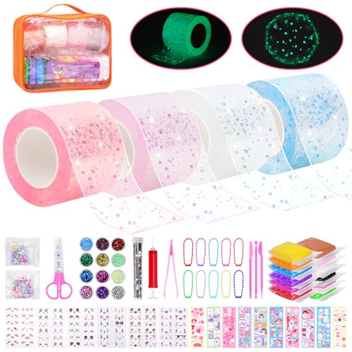 SelfTek Nano Tape Bubbles Set für Kinder - DIY Bastelset Kinder 3+ Jahre Kit mit Pump Pailletten Glitzerpulver Aufklebern Ton Schere Werkzeugen, DIY Nanotape Kreatives für Mädchen Jungen (Leuchtendes)