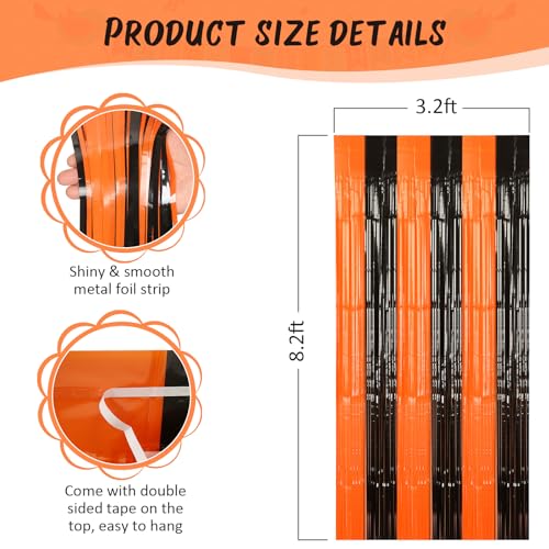 Image of Accevo Black Orange Party Streamers 3Pack 3.2ft x 8.2ft Tinsel Black Orange Streamers Party Decorations Door Decorations Foil Fringe Curtain Halloween Christmas Party Decorations Orange Party Decor