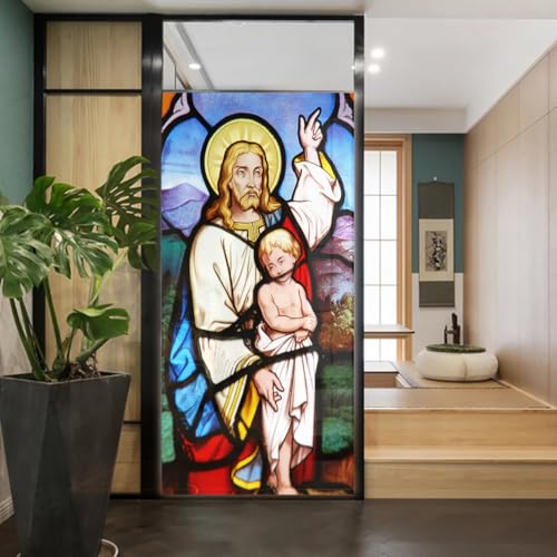 Church Style Stained Glass Window Film Decorative Privacy Non Adhesive Window Stickers for Home Office J17 40x100cm(15.7
