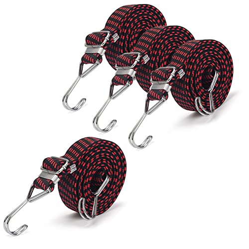 ゴムバンド 自転車 荷台 ゴムロープ 4本組: 1M ゴム紐 フック付き - バイク 台車 荷物 荷紐 固定 伸縮調節可能 フック 固定バンド 赤