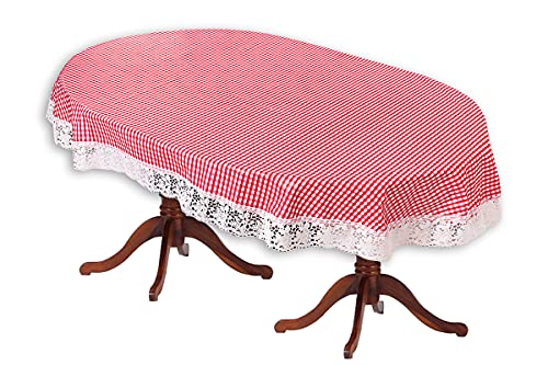 Image of The Furnishing Tree Waterproof PVC Oval Shaped 4 to 6 Seater Table Cover WxL 54x78 inches Pin Check Pattern Pink with White Border lace