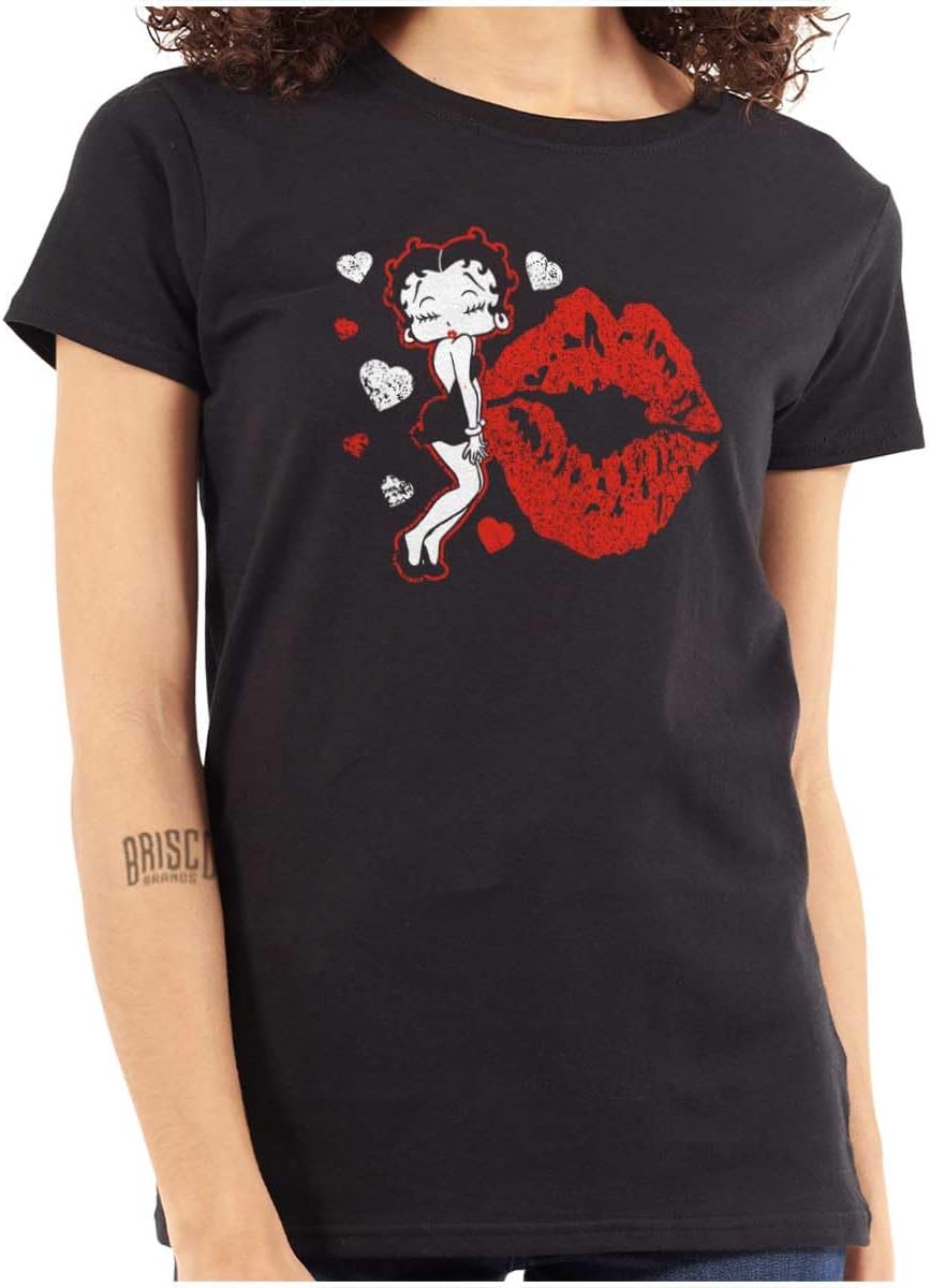 Betty Boop Blowing Kisses Lips Hearts Womens Slim Fit Graphic Tee