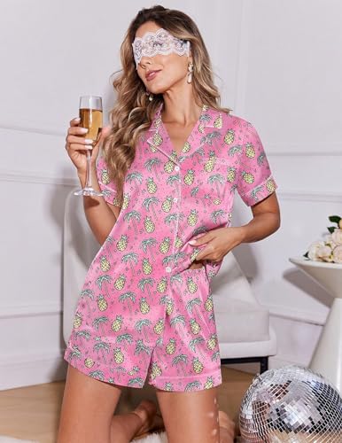 Image of Ekouaer Womens Satin Silk 2 Piece Pajamas Set Short Sleeve Sleepwear | Button Down Top and Shorts Loungewear Set for Sleep, Home, Wedding, Travel, Party, Daily Wear & Great for Sharing