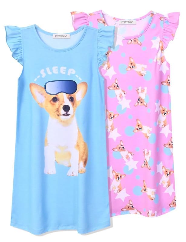 Perfashion 2-Pack Nightgown for Girls Flutter Sleeve Mermaid Pajamas Cotton Sleepwear Dressing gowns2