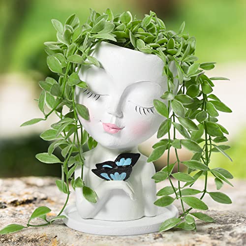 Face Planter Pots Head for Indoor Outdoor Plant with Butterfly Succulent Planter with Drainage Hole Cute Lady Face Flower Pots White