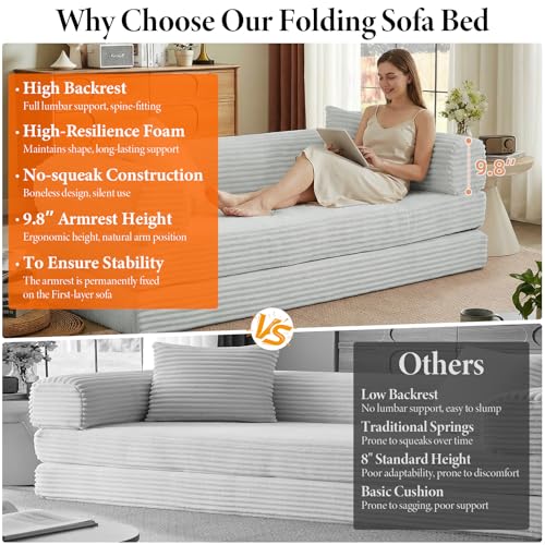 Image of Convertible Futon Sofa Bed, Fold Out Floor Sofa Couch with Sleeper Sofa,Folding Boneless Couches with Deep Seat,Cloud Corduroy Foldable Mattress Couch for Living Room(Light Gray)