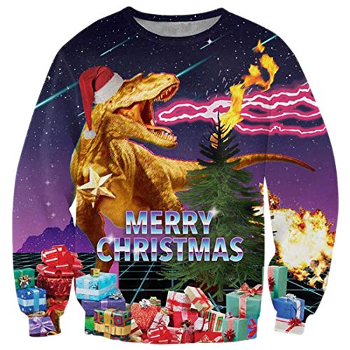 TUONROAD Teenagers Girls Ugly Christmas Sweatshirt 3D Print Fire Dinosaur Graphic Winter Long Sleeve Sweater S