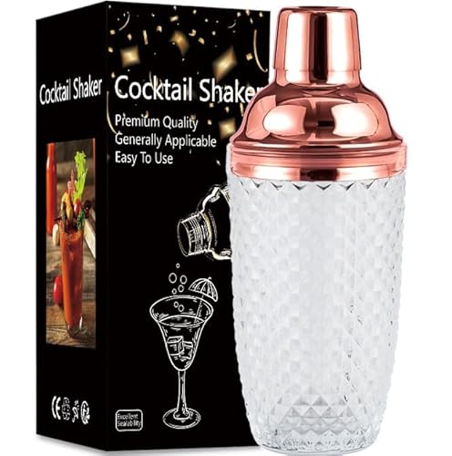 Dzmuero Shaker cocktail, Shaker inox, Shakers à cocktails, Mixeur en verre, couvercle en acier inoxydable, avec couche filtrante, scellé et durable, pour la maison et le bar (Or rose 2)