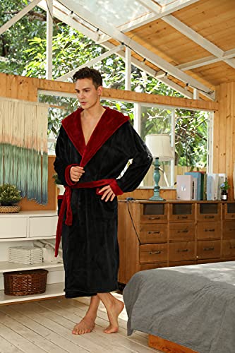 U2Skiin Mens Fleece Hooded Robe Plush Bathrobe (Black/Dark Red, L/Xl) #TOP4